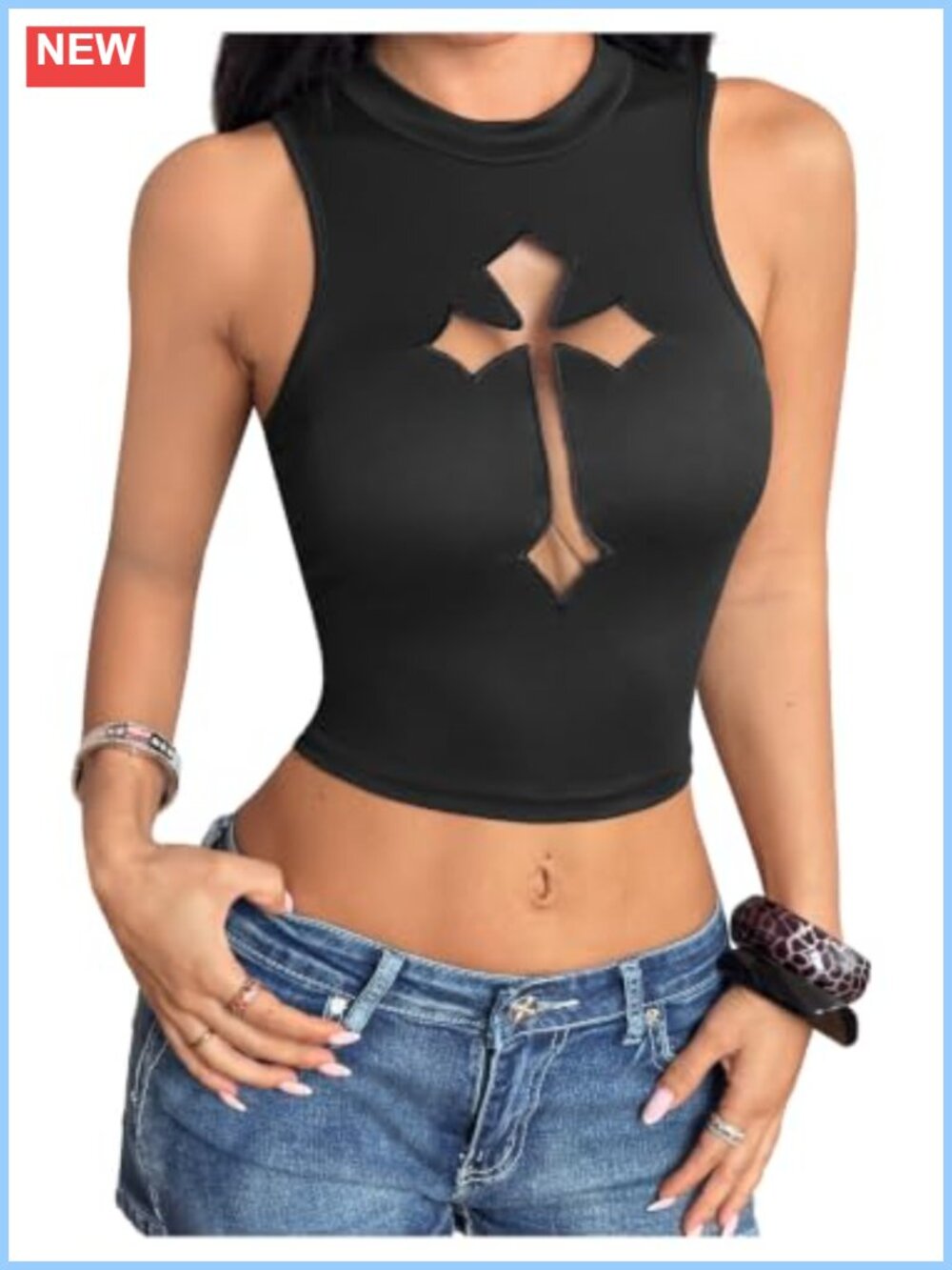 Y2K Grunge Punk Cross Cut Out Crop Tank Top Mock Neck Sleeveless Slim Fit